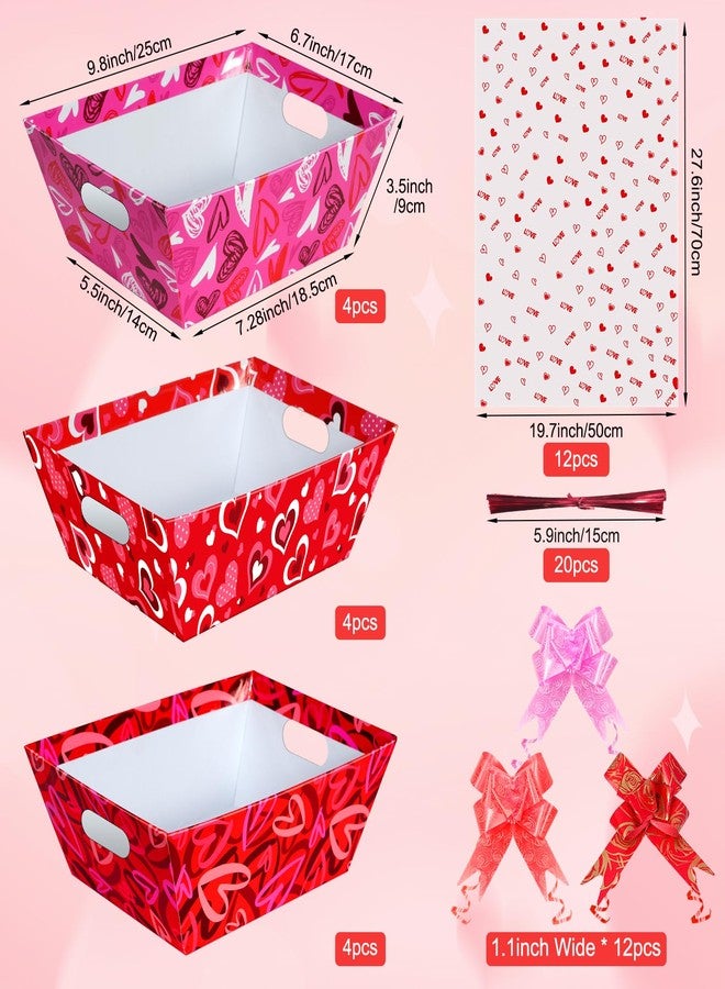 Hallswl 12 Set Valentines Day Empty Gifts Baskets with Cellophane Basket Bags and Bows Ribbons,Red Pink Heart Market Tray Cardboard Gift Basket Bulk Empty To Fill For Valentine's Day Birthday Wedding Decor - Image 2